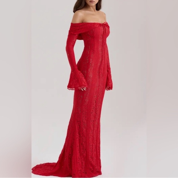 House of CB Belle Red Off Shoulder Floral Lace Maxi Dress - Picture 3 of 9
